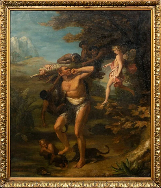 Large 18th century English scene from a medieval myth with a fairy, forest giant and satyrs